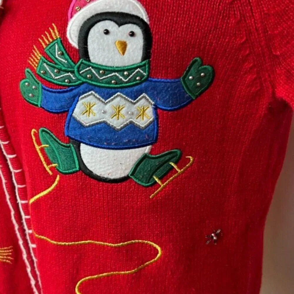 Vintage Christmas Red Cardigan With Embroidered Penguins & Snowmen Theme - Picture 5 of 8